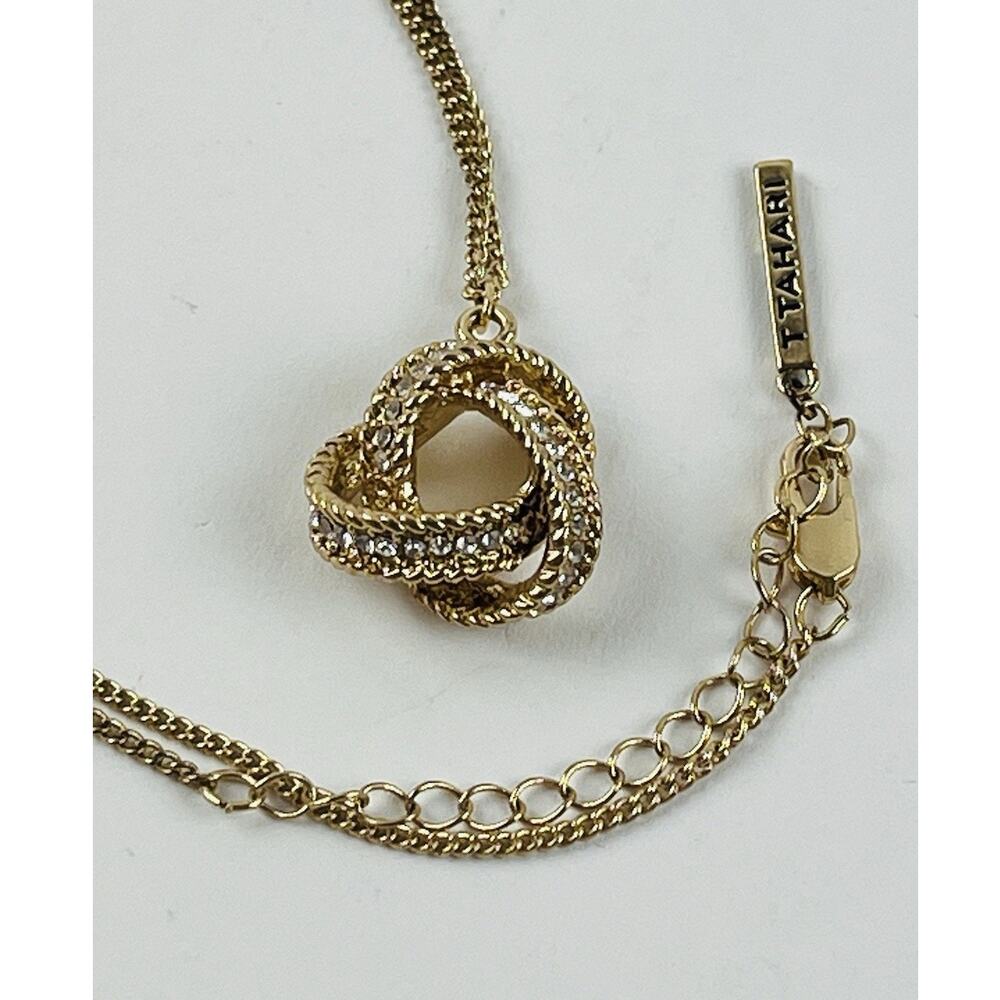Tahari Goldtone Knotted Chain Necklace Pendant Rhinestones Rope Braided 3 Strand - Picture 7 of 16